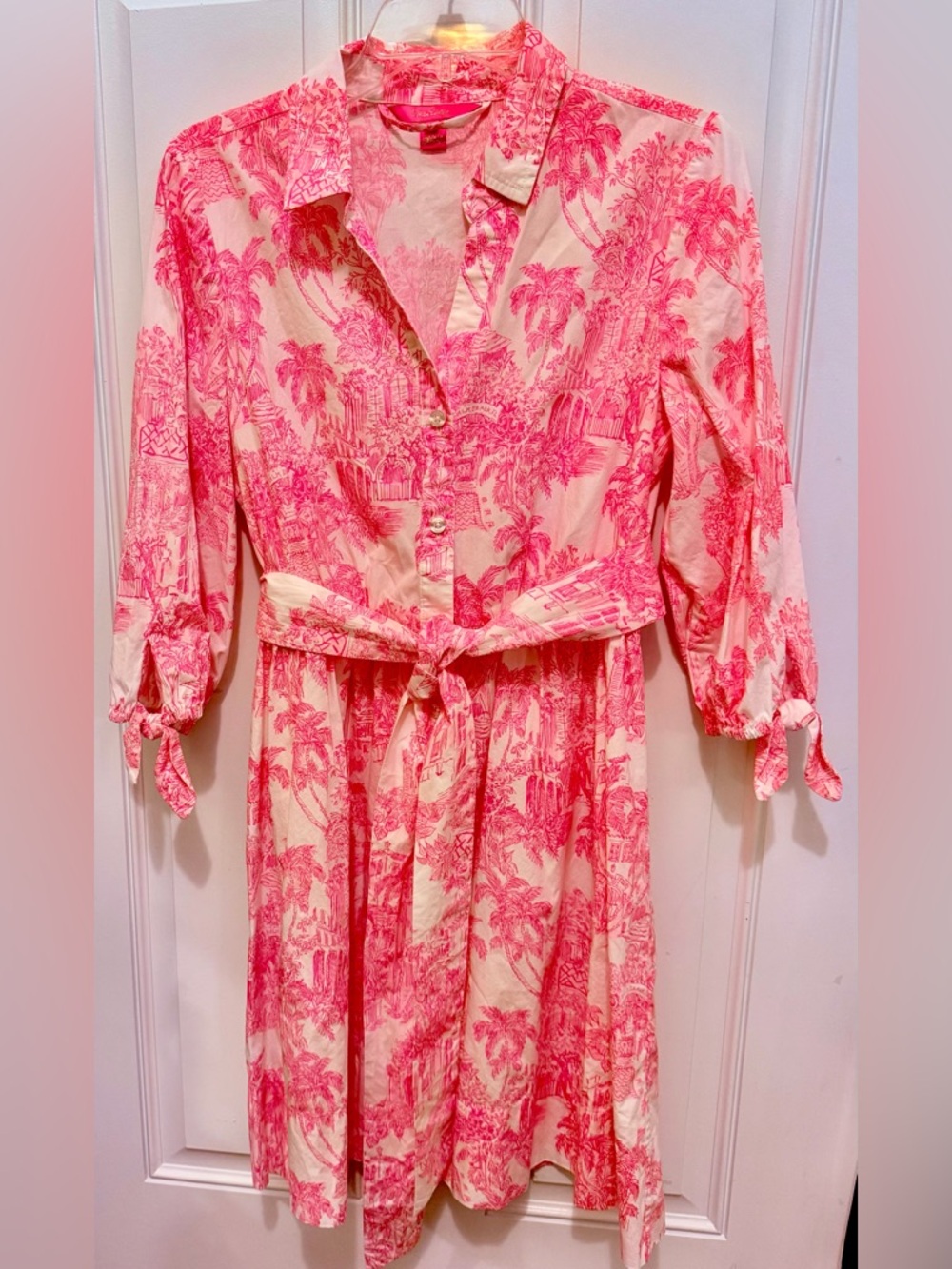 Lilly Pulitzer Pink Toile Shirt Dress with Tie Waist